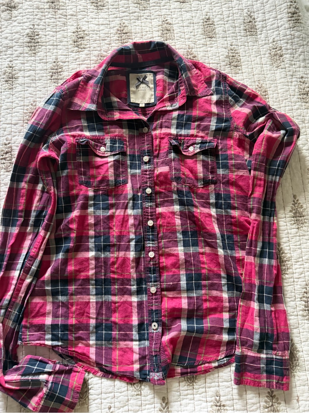 Gilly Hicks Pink and Navy Plaid Button-Down Shirt